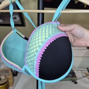 Shade & Shore Turquoise and Black Bikini Top with Pink and Yellow Trim